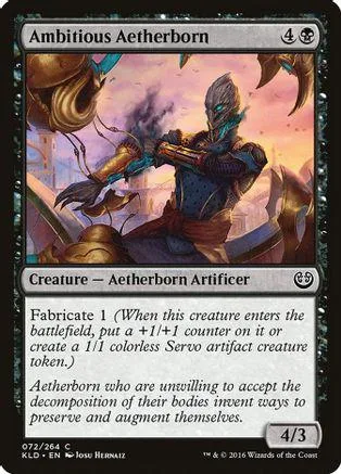 Blue-skinned artificer in armor, holding a device, on a fantasy battlefield card.