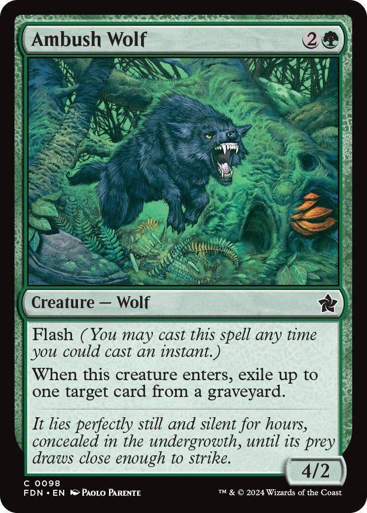 Black wolf creature card in lush green forest setting.
