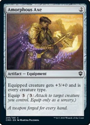 Metal-clad figure wielding glowing axe on fantasy landscape card.