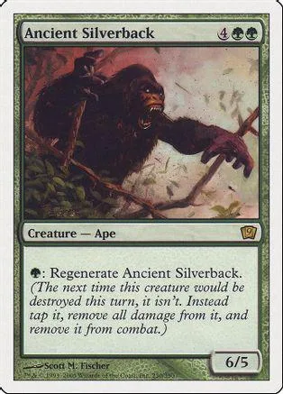 Dark ape creature on branch, roaring, on a Magic: The Gathering card.