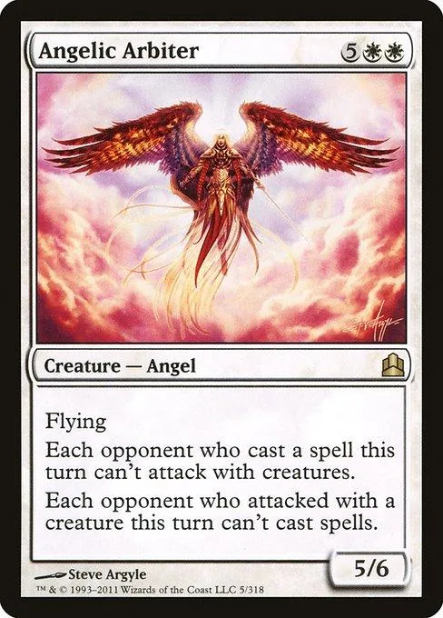 Angel creature card art featuring a large, fiery winged being against pink clouds.