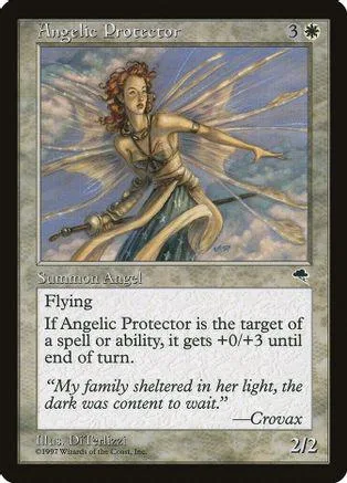 Angel card art, woman with wings, blue and gold tones, Magic: The Gathering card.