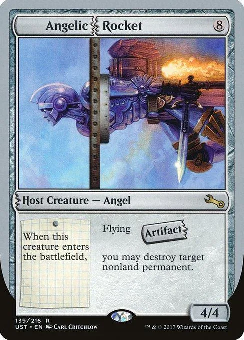 Blue and purple mechanical angel creature card, "Angelic Rocket," with 4/4 stats.