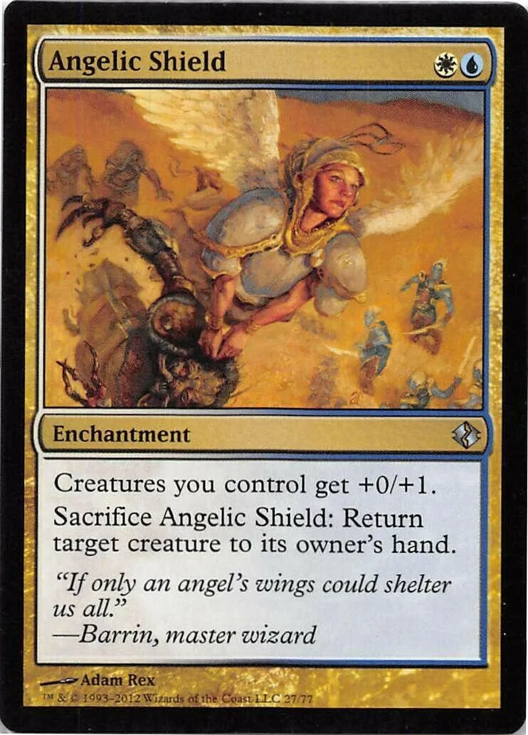 Angelic Shield card art featuring winged figure against a fiery background.