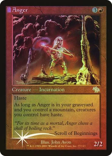 Creature card, Anger, dark fantasy art, red and brown tones, printed on card.