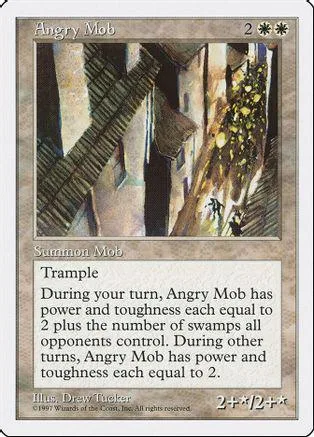Card art shows a dark, urban street scene. Text reads "Angry Mob.