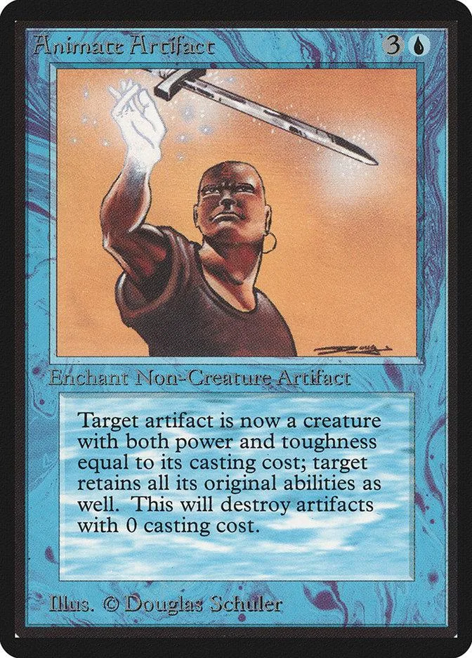 Black and orange card art featuring a man raising his hand with a hammer above.
