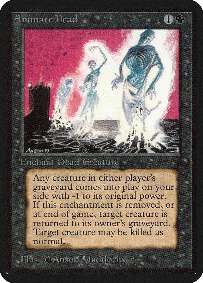 Card art shows skeletal figures in a pink and black scene. "Animate Dead" enchantment.