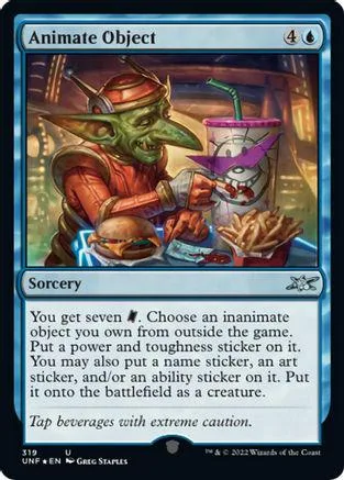 Green goblin character holding a drink and burger on a Magic: The Gathering card.