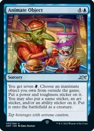 Green goblin creature with red armor sits near a drink and burger.