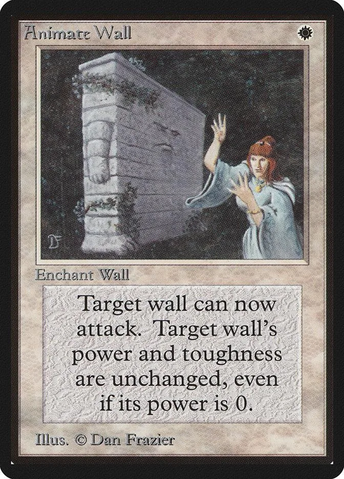 Card art depicts a figure gesturing near a large, stone wall in dark surroundings.