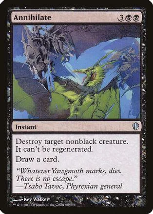 Dark, monstrous creature attacks green winged creature on a Magic: The Gathering card.