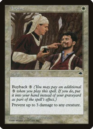 Man in robes points at another man on a card with "Anoint" text.