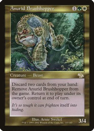 Green, mossy creature card art. Text reads: "Discard two cards from your hand.
