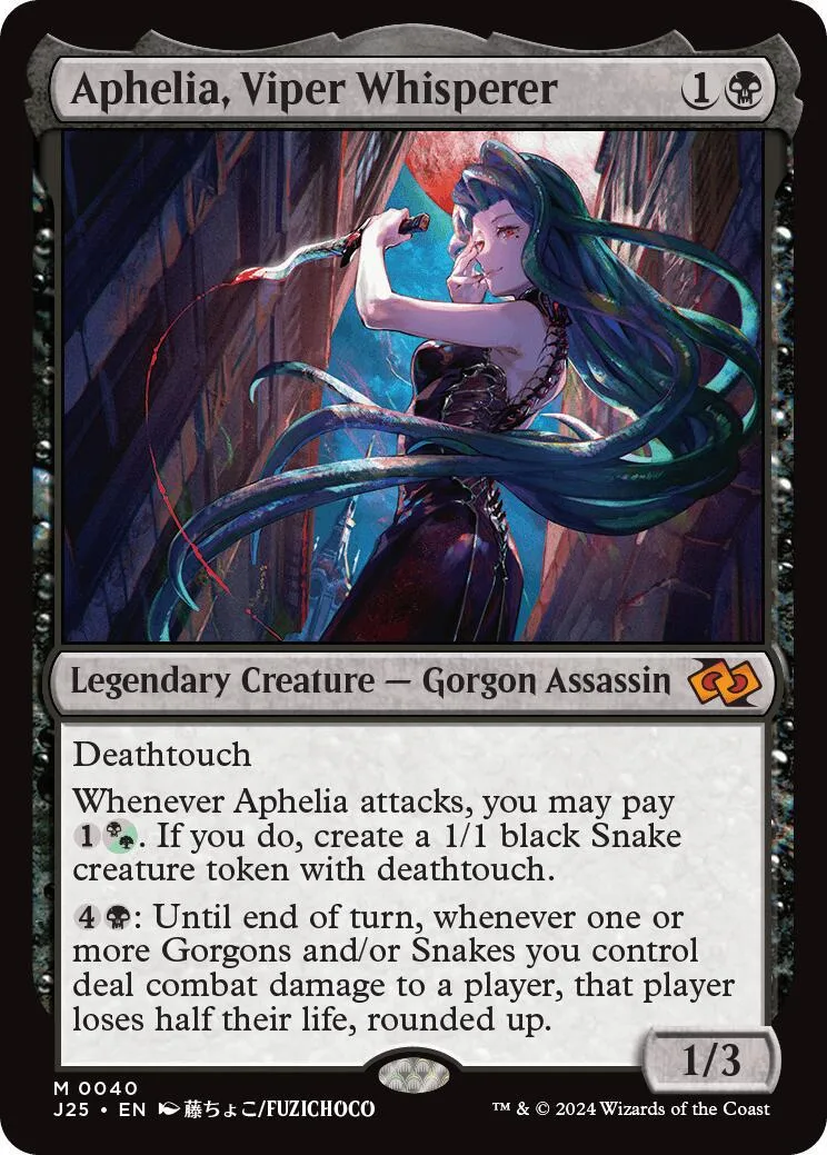 Woman with long blue hair holding a snake, on a dark, dramatic card.