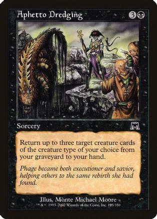 Dark fantasy art card featuring a monstrous creature and figures in a rocky landscape.
