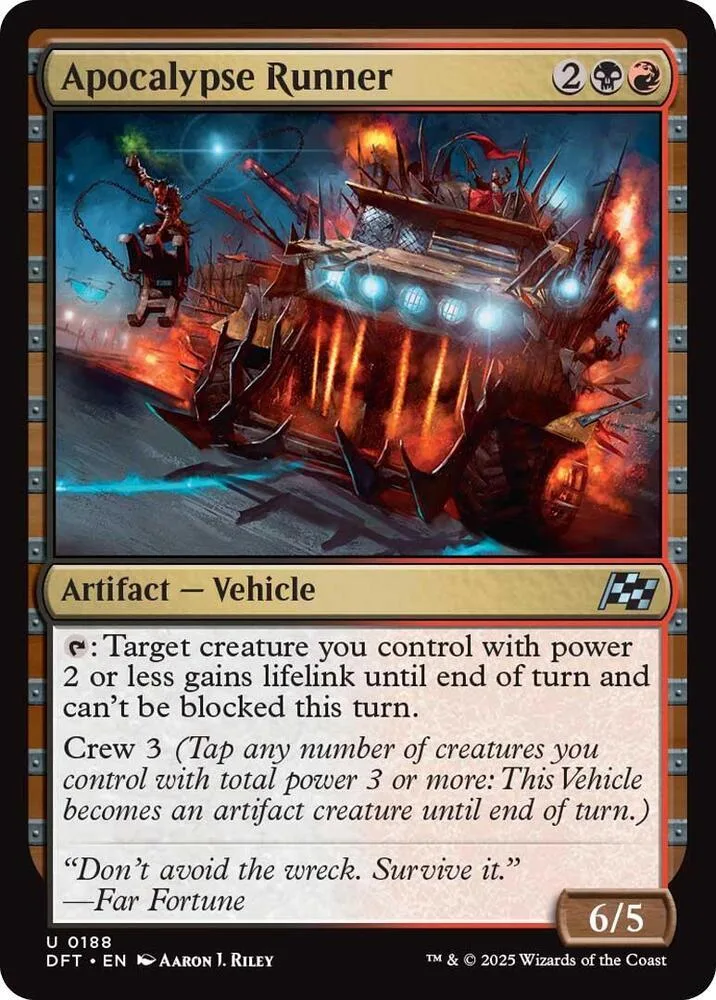 Card art depicts a fiery, wrecked vehicle with a figure on top.
