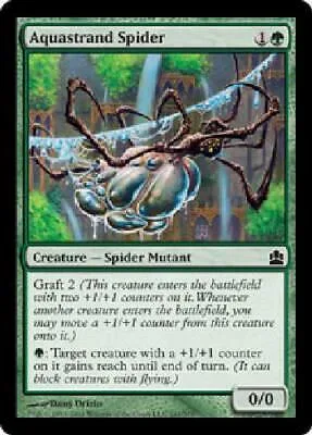 Blue and green card art of a large spider creature with web in a forest.