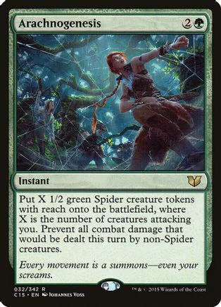 Green creature card art showing a figure in a dark, web-filled forest.