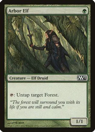Elf druid character in a dark, lush forest setting on a trading card.