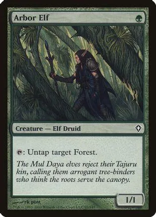 Dark elf druid with staff in a dense, green forest setting.