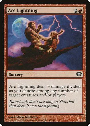 Card art shows two figures under a moon with lightning striking. Arc Lightning spell.