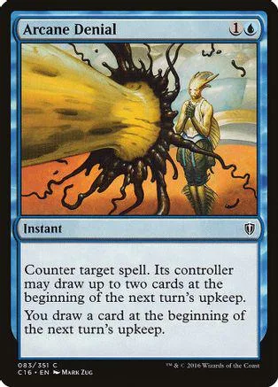 Blue and yellow Magic: The Gathering card, Arcane Denial, featuring a large yellow creature.