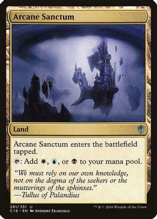 Blue and black landscape card art featuring a dark, imposing structure.