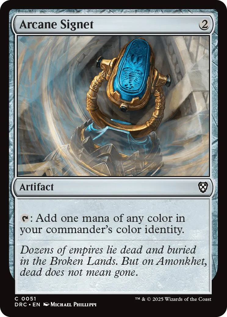 Blue and gold arcane signet artifact card with mystical glowing blue gem.