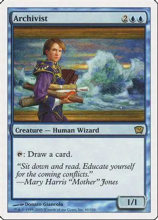 Wizard character in purple robes against a stormy, colorful background on a trading card.