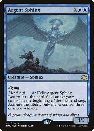 Silver winged sphinx creature card art, blue and grey tones, showing a large winged figure.