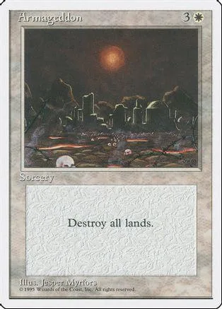 Dark fantasy card art with a glowing sun over a ruined cityscape.