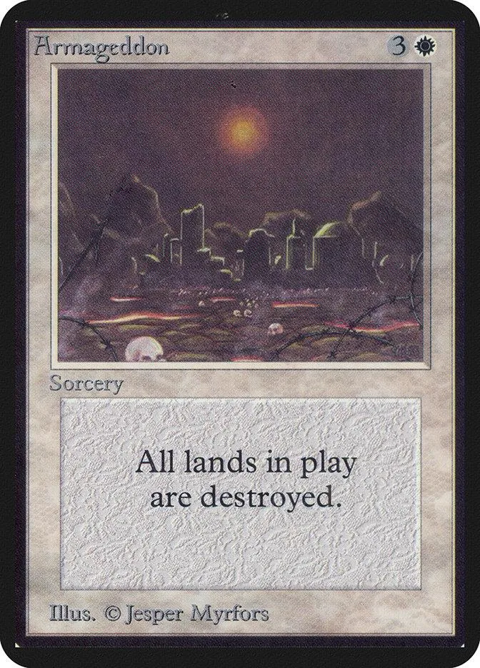 Magic: The Gathering card, "Armageddon," dark landscape with orange sun.