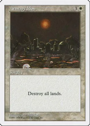 Dark fantasy scene with glowing sun over a ruined city on a Magic card.