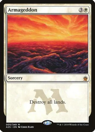 Magic: The Gathering card, "Armageddon," showing fiery orange and purple landscape.