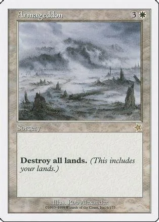 Magic: The Gathering card, "Armageddon," depicting a stormy, desolate landscape.
