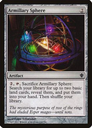 Magic: The Gathering card, Armillary Sphere, dark cosmic artwork, silver border.
