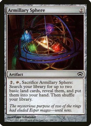 Magic: The Gathering card, Armillary Sphere, featuring glowing, interconnected rings.