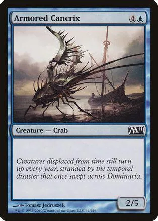 Armored Cancrix creature card art: spiky crab in dark, watery landscape.