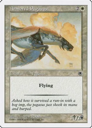 Blue and brown winged horse flying across a cloudy sky on a trading card.