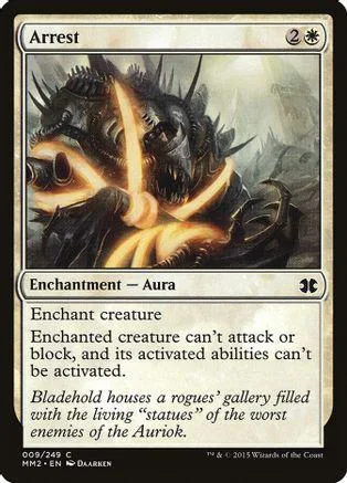 Dark, spiky creature on a card with "Arrest" text. Black and gold tones.