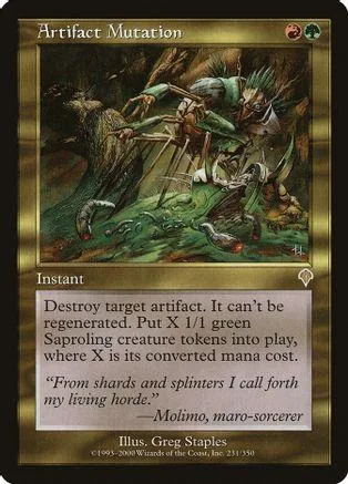 Green and brown fantasy art card, "Artifact Mutation," showing monstrous creatures in a forest.