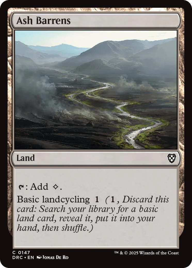 Landscape art Magic: The Gathering card, Ash Barrens, showing misty mountains and winding river.