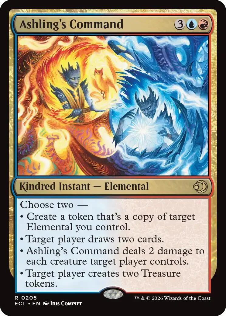 Magic: The Gathering card, Ashling's Command, featuring fiery and icy elemental art.