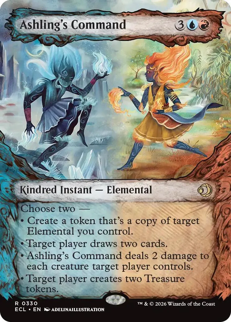 Blue and orange elemental creatures on a Magic: The Gathering card.