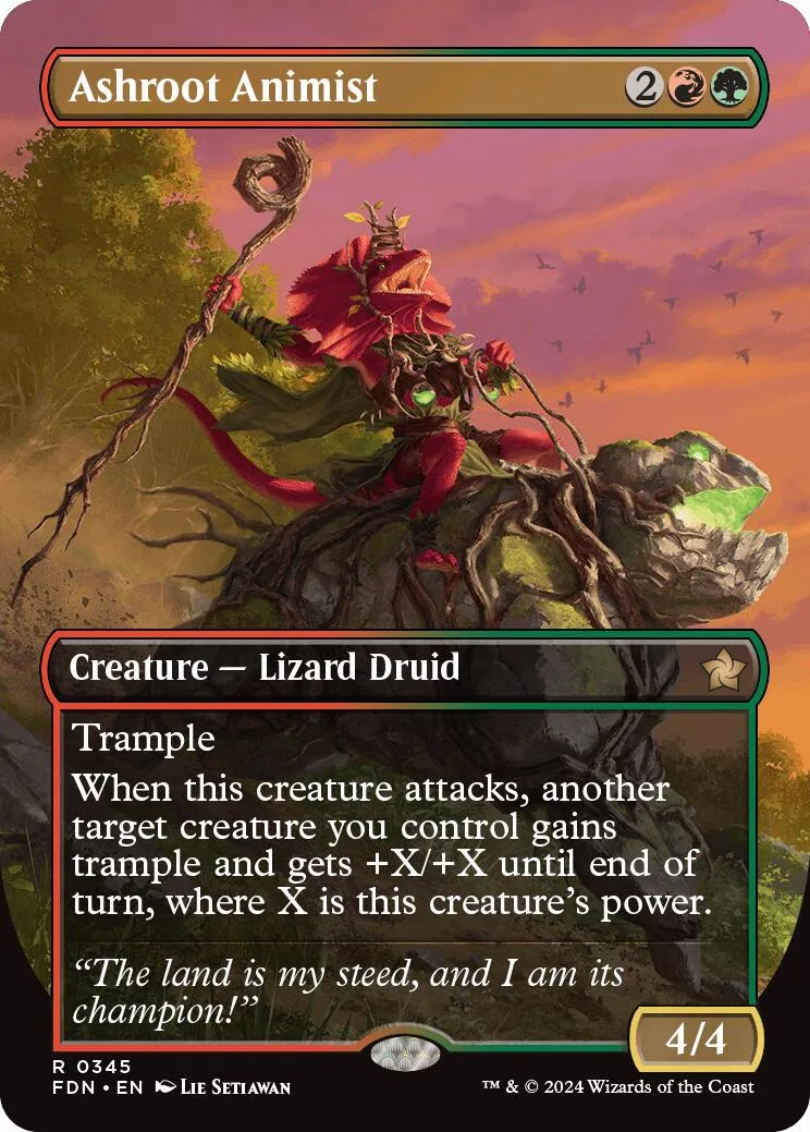 Red and green lizard druid creature card art, showing a figure on a mossy mound.