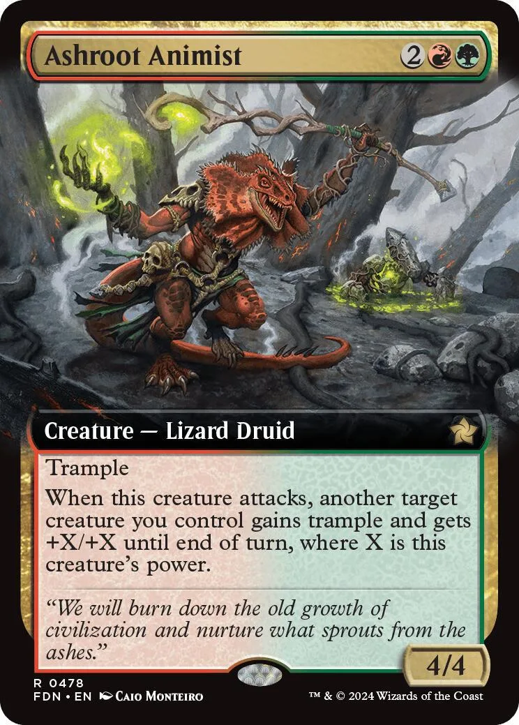 Red lizard druid creature on card art, dark forest setting.