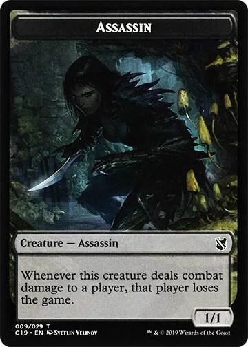 Dark figure with blade in shadowy forest, black and green card art.