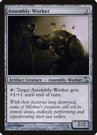 Metallic robot creature card, dark tones, showing an industrial setting.
