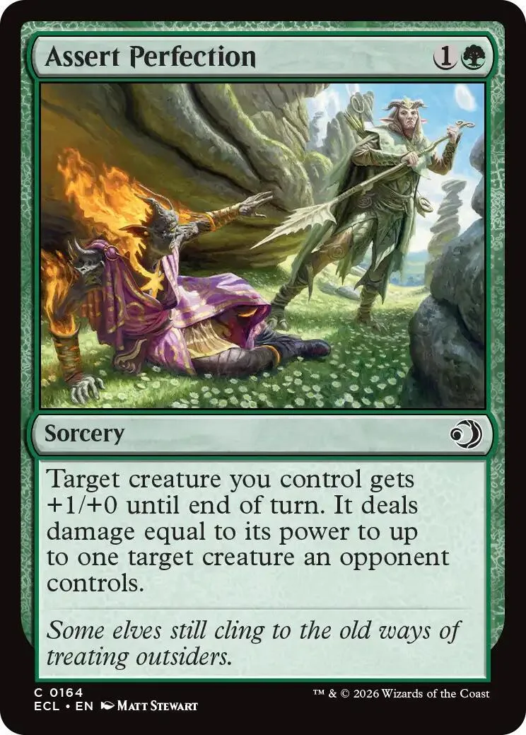 Magic: The Gathering card, Assert Perfection, green and purple art, standard card frame.